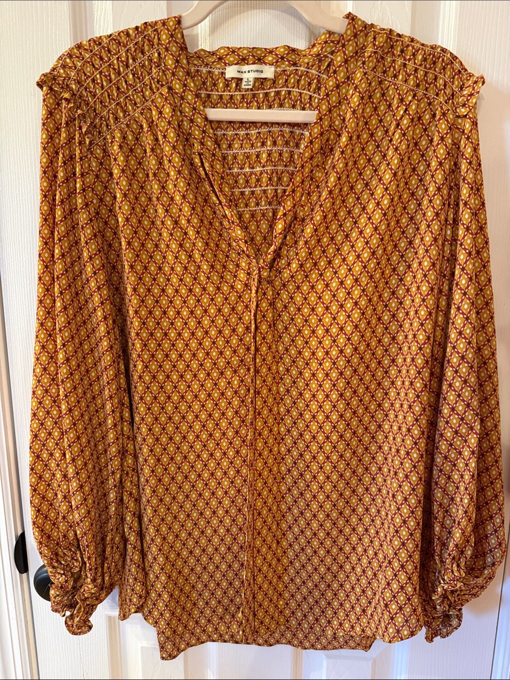 Max Studio Maeve Mustard and Burgundy Printed V‑Neck Blouse